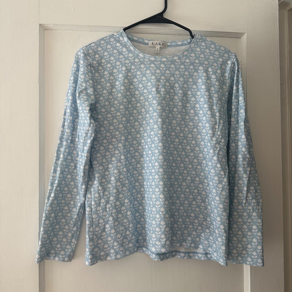 Lake Pajamas Women's S Pima Crew Long Sleeve Top, French Blue Bloom